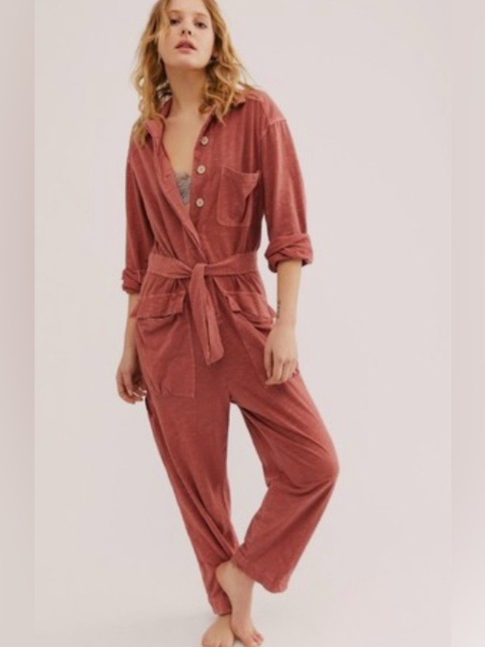 Free People Washed Brick Button-Front Jumpsuit
